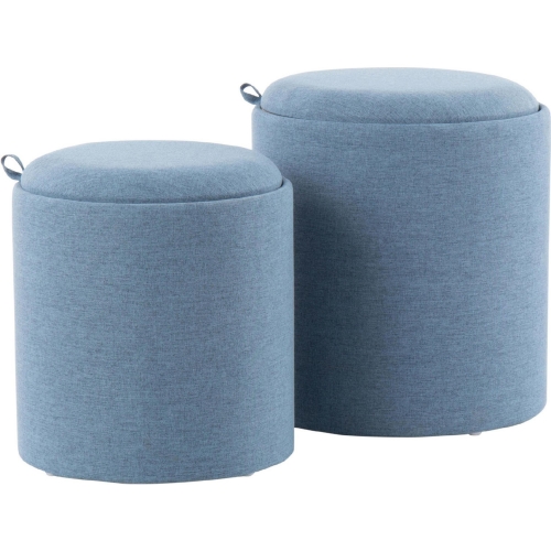 Tray Nesting Ottoman Set in Blue Fabric & Natural Wood